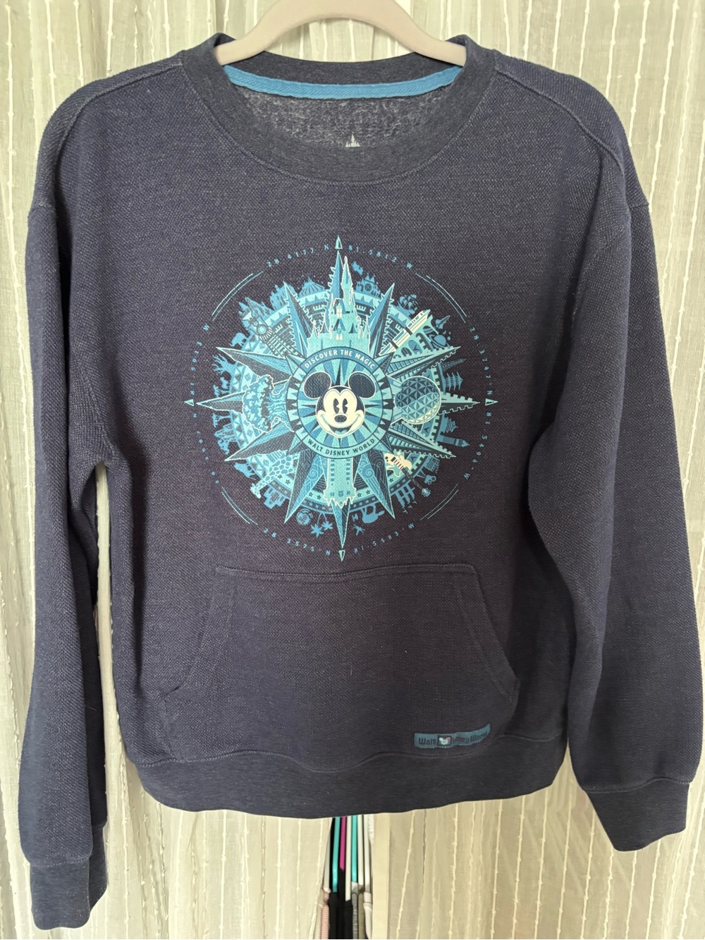 Disney Parks Navy Blue Crewneck with Light Blue Mickey Mouse Compass Graphic